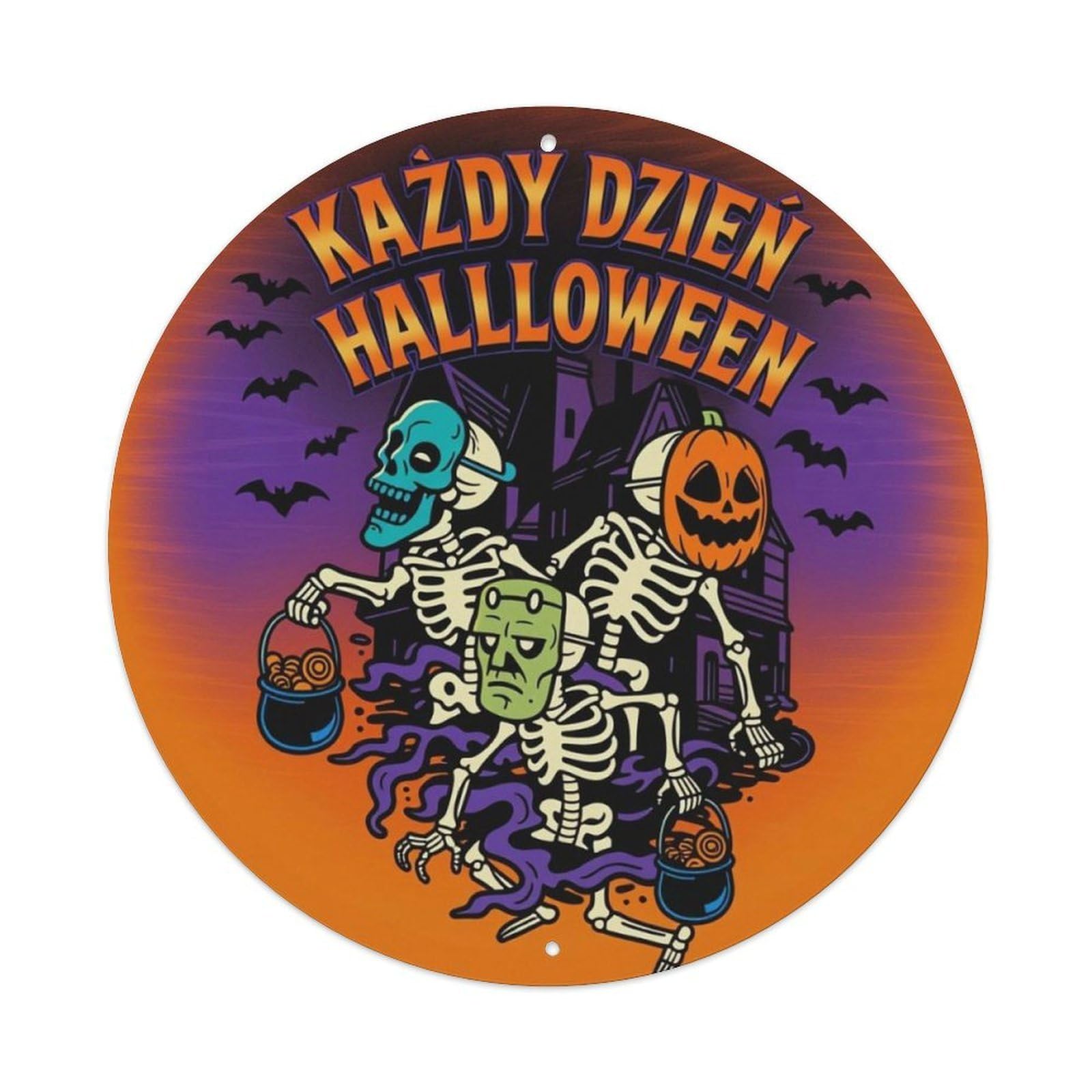 Halloween Skeleton Frankenstein Round Sign Vintage Aluminium Metal Sign, Retro Wall Decor for Home, Bar, Garage & Farmhouse 20x20cm