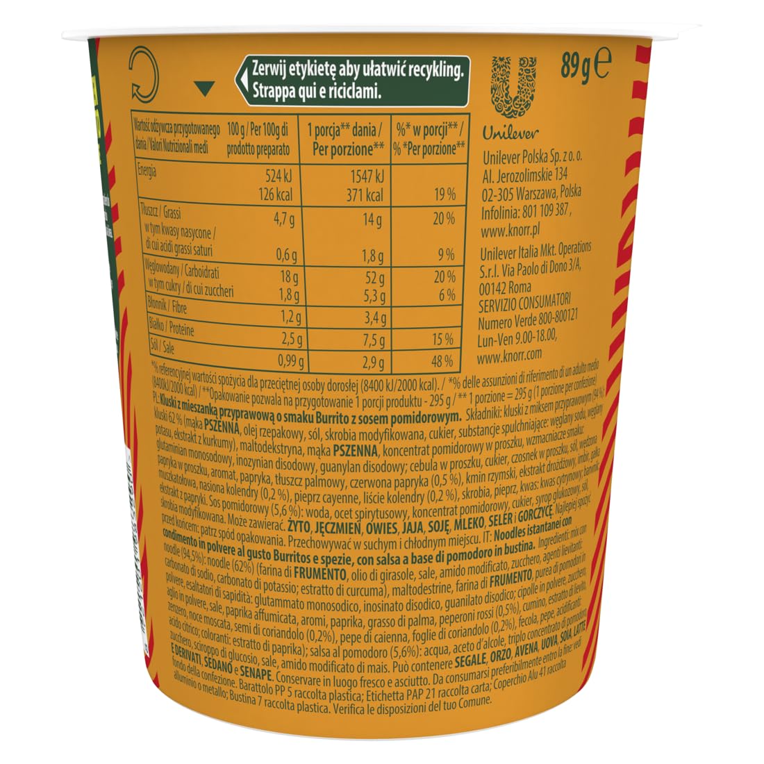 Knorr Fusion Noodles Chicken Burrito, Noodles Istantanei Etnici, Pronti in 4 Minuti, dal Sapore Messicano di Pollo - 89 gr (Confezione da 6)