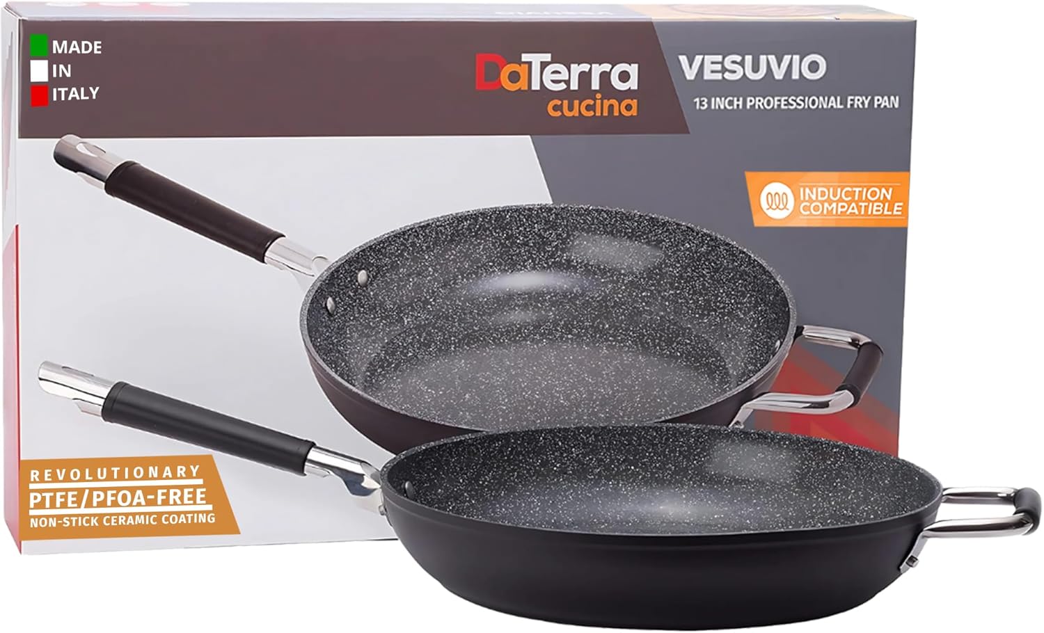 DaTerra Cucina 13" Non-stick Ceramic Frying Pan - Large Nonstick Frying Pan for Cooking - Induction Compatible & Oven Safe, High Heat Resistant - PTFE, Lead, Cadmium & PFOA Free, Made in Italy - Black