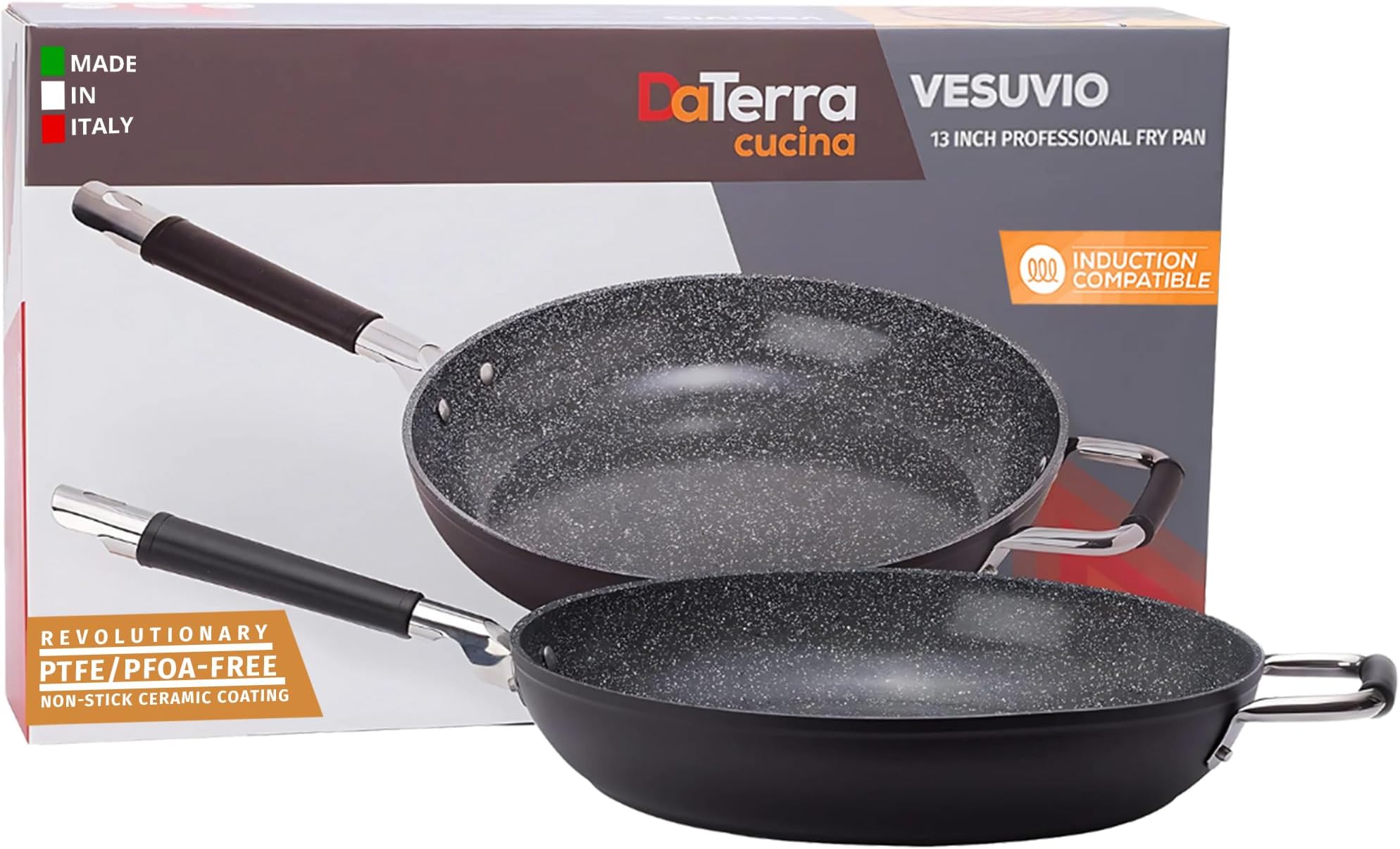 DaTerra Cucina 13" Non-stick Ceramic Frying Pan - Large Nonstick Frying Pan for Cooking - Induction Compatible & Oven Safe, High Heat Resistant - PTFE, Lead, Cadmium & PFOA Free, Made in Italy - Black