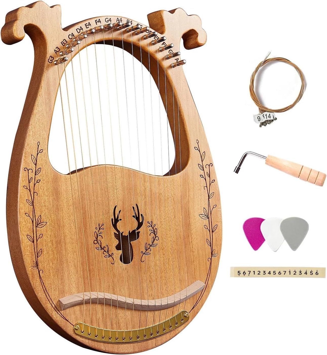 harfe instrument 16-saitige Lyra-Harfe C-Tonart-Saiteninstrument Mit Stimmschl ssel 3 Plektren Aufkleber Zubeh r F r Anf ngerNatural