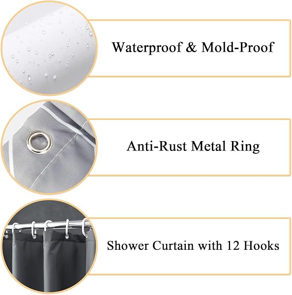 hzkais Grey Shower Curtain, Mould Proof and Mildew Resistant Washable Bathroom Curtains, Shower Curtain for Bathroom, Bath Curtains with Hooks, 180 x 180 cm (71 x 71 Inch) - 4