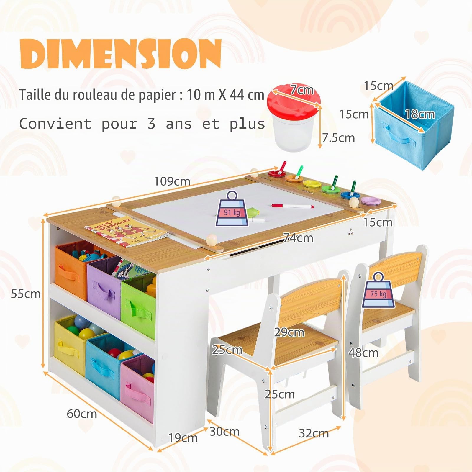 LIFEZEAL3 en 1 Ensemble Table et 2 Chaises pour Enfants, Table à Dessin avec Rouleau de Papier et Espace de Rangement, Set en Bois pour Activités Créatives, Charge de 91 KG et 75 KG (Naturel)