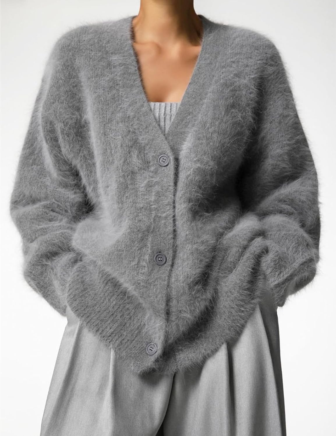 Wyeysyt Womens Fuzzy Cardigan Sweater V Neck Button Down Oversized Casual Furry Sweater 2026 - Image 2
