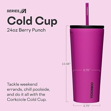 Corkcicle Cold Cup 24 oz Triple Insulated, Berry Punch | Cold Up to 12 Hours, Hot Up to 5 Hours, Triple Insulated, Leak-Resistant Lid, Ceramic-Coated Straw, Cupholder Friendly