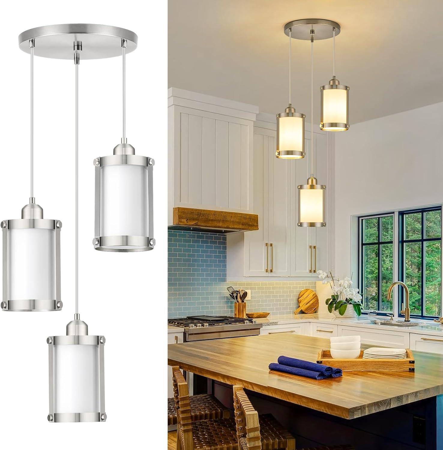 3-Light Pendant Lighting, Brushed Nickel Dining Room Chandelier Light Fixture Over Table with Milk Glass, Modern Cluster Hanging Lights for Kitchen Island Sink, OS-3014-3BNW