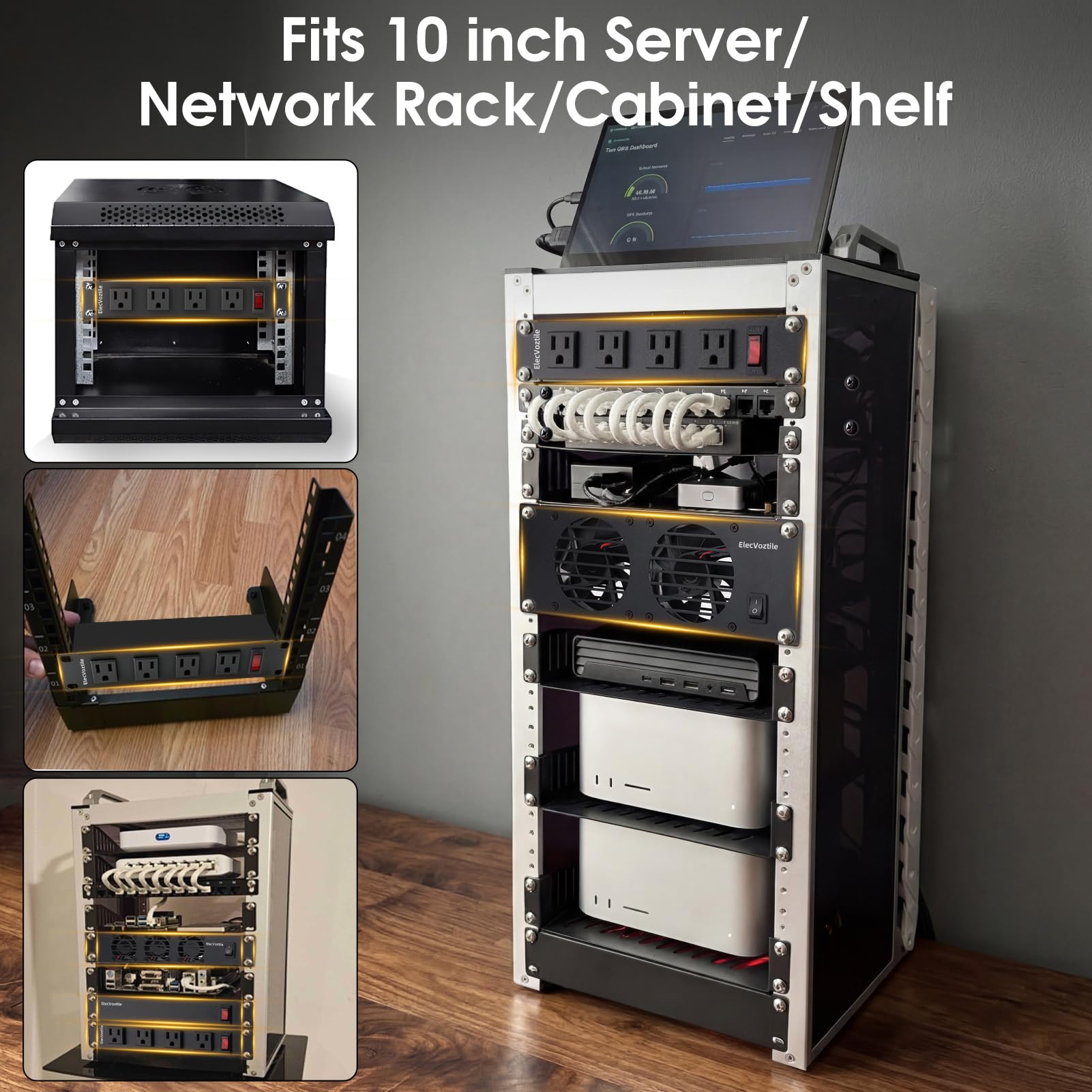 25,4 cm (10 Zoll) 1U Rack-Montage-Lüfterpanel mit Schalter, Metallgehäuse | 5-V-Adapter im Lieferumfang enthalten, 3-Lüfter, Abluftkühlung, passend für 25,4 cm Mini-Server-Rack