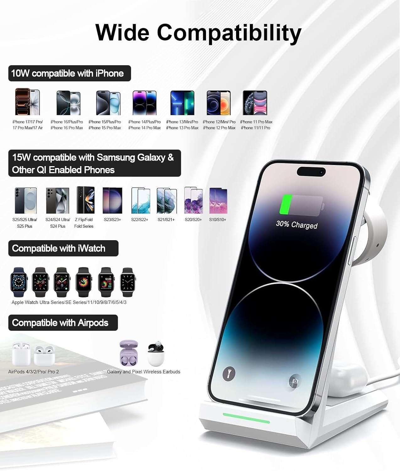 ADADPU Wireless Charging Station for iPhone - 3 in 1 Charger Stand for iPhone 17 16 15 14 13 12 11 Pro Max Plus,Charging Dock for Apple Watch 8/7/SE/6/5/4/3/2, AirPods Pro(5 ft Cable&Adapter Included)