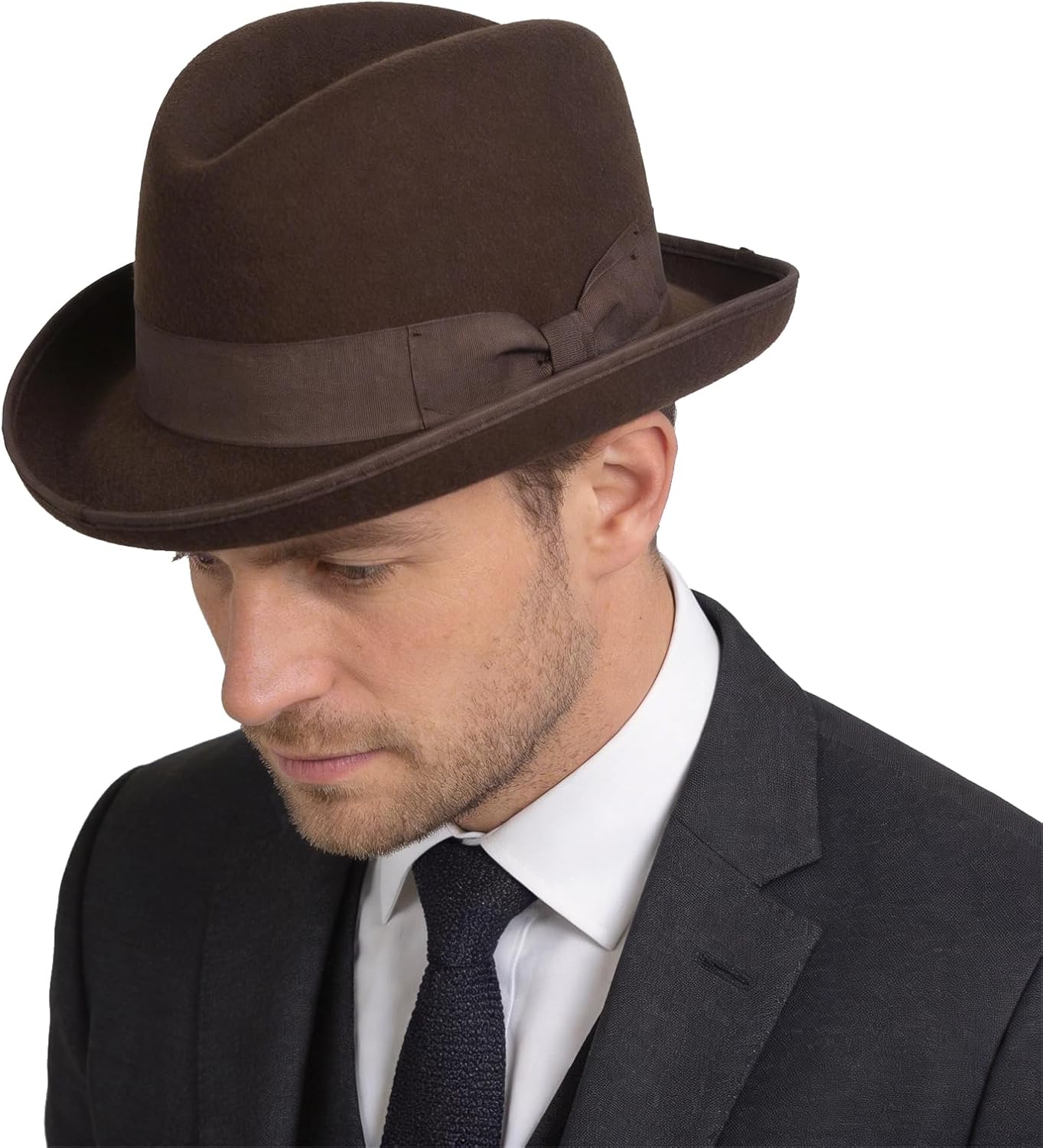 Men Wool Bowler Winter Hat Classic Rolled Brim Fedora Derby Hats