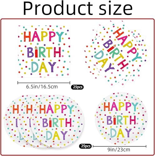 Miniatura 2 de 40 piezas de suministros de fiesta de cumpleaños, platos de papel y servilletas, platos coloridos con temática de lunares, juego de vajilla