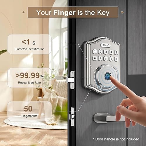 Miniatura 4 de 52HZ Cerradura de puerta de huellas dactilares, cerradura de puerta de entrada sin llave con código, guía de voz con teclado electrónico, cerraduras