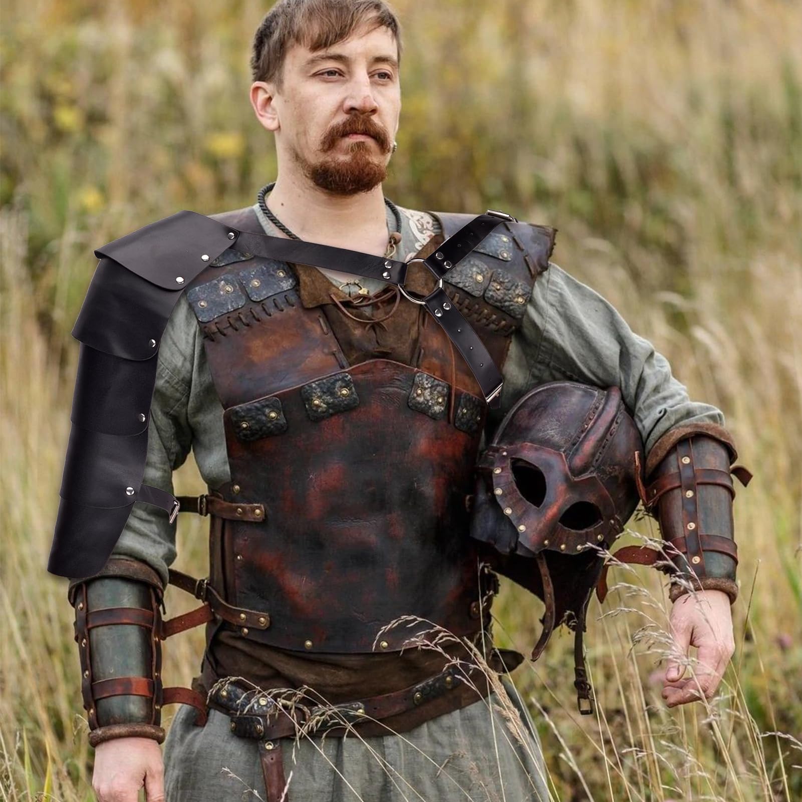 NICENEEDED Armadura Medieval de Un Solo Hombro, Arnés de Caballero Gladiador de Cuero PU con Armadura de Un Solo Hombro Ajustable