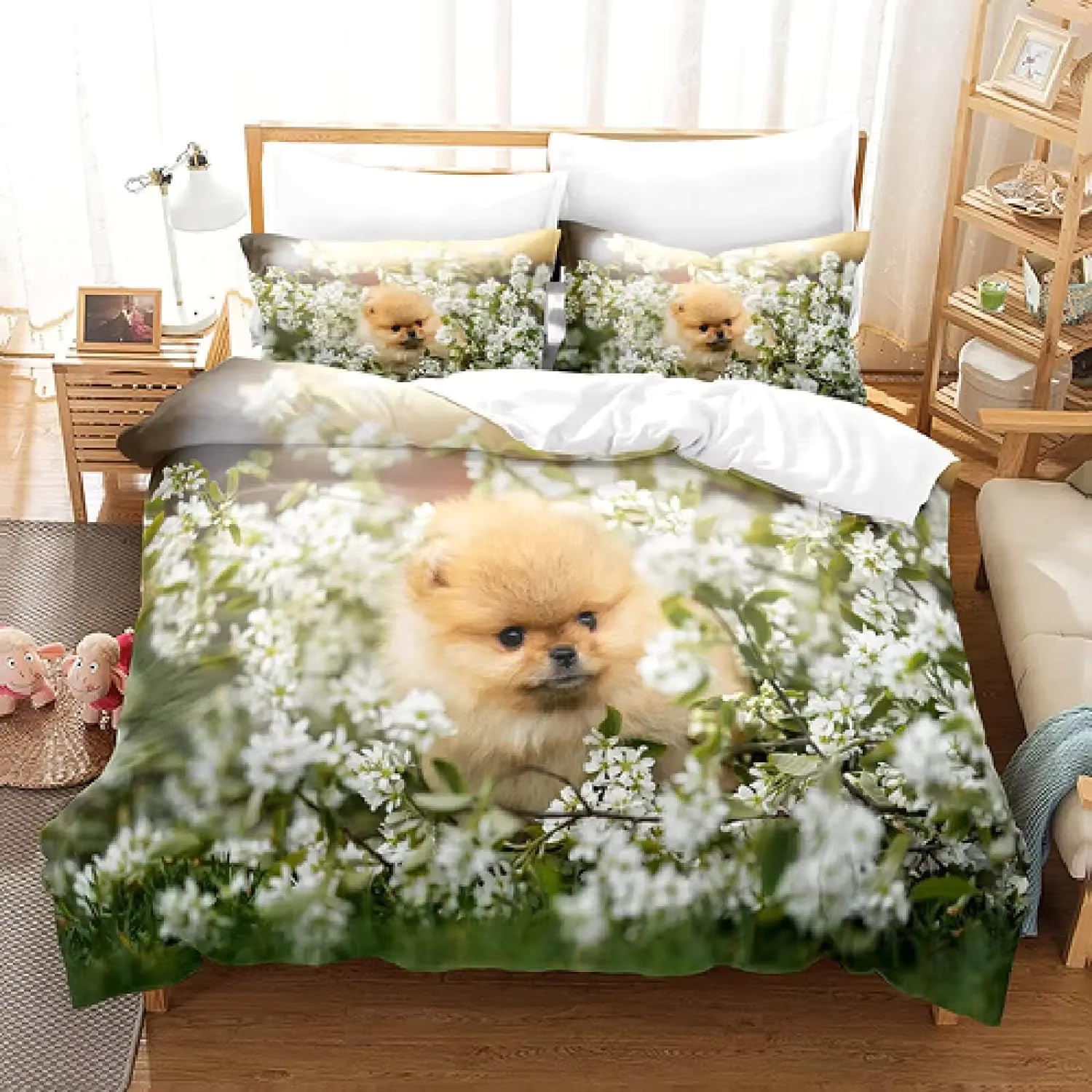 NDXRWDZR Super King Size Duvet Set Pomeranian Duvet Cover with Zipper Closure Bedding for Aldults Kids Soft Breathable Microfiber Cover 260x220 cm + 2 Pillowcases 50x75 cm