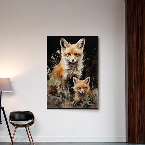 Miniatura 3 de Fox Mother Cub Prints, In The Style Of Stencil,Based, Ivory, Kids Wall Art, Kids Wall Art Display, Mom And Baby Animal Art Print, Decor Canvas, Art