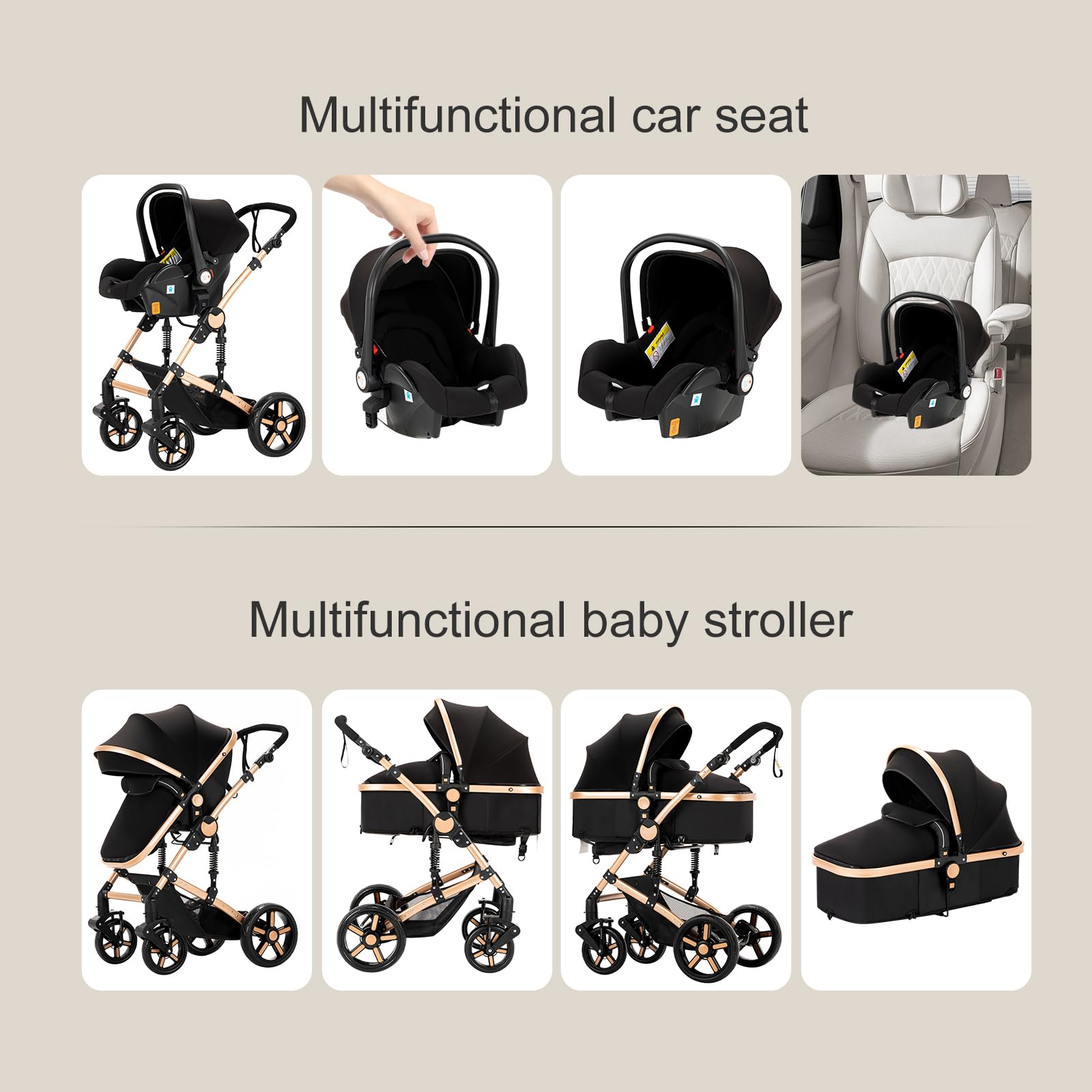 Cochecito 3 en 1, CochIT de Viaje Reclinable y Reversible, Carricoche Carro 3 Piezas Plegable con Un Solo Clic, Carrito con AccITorios Completos y Frenos DoblIT (588 Grey)