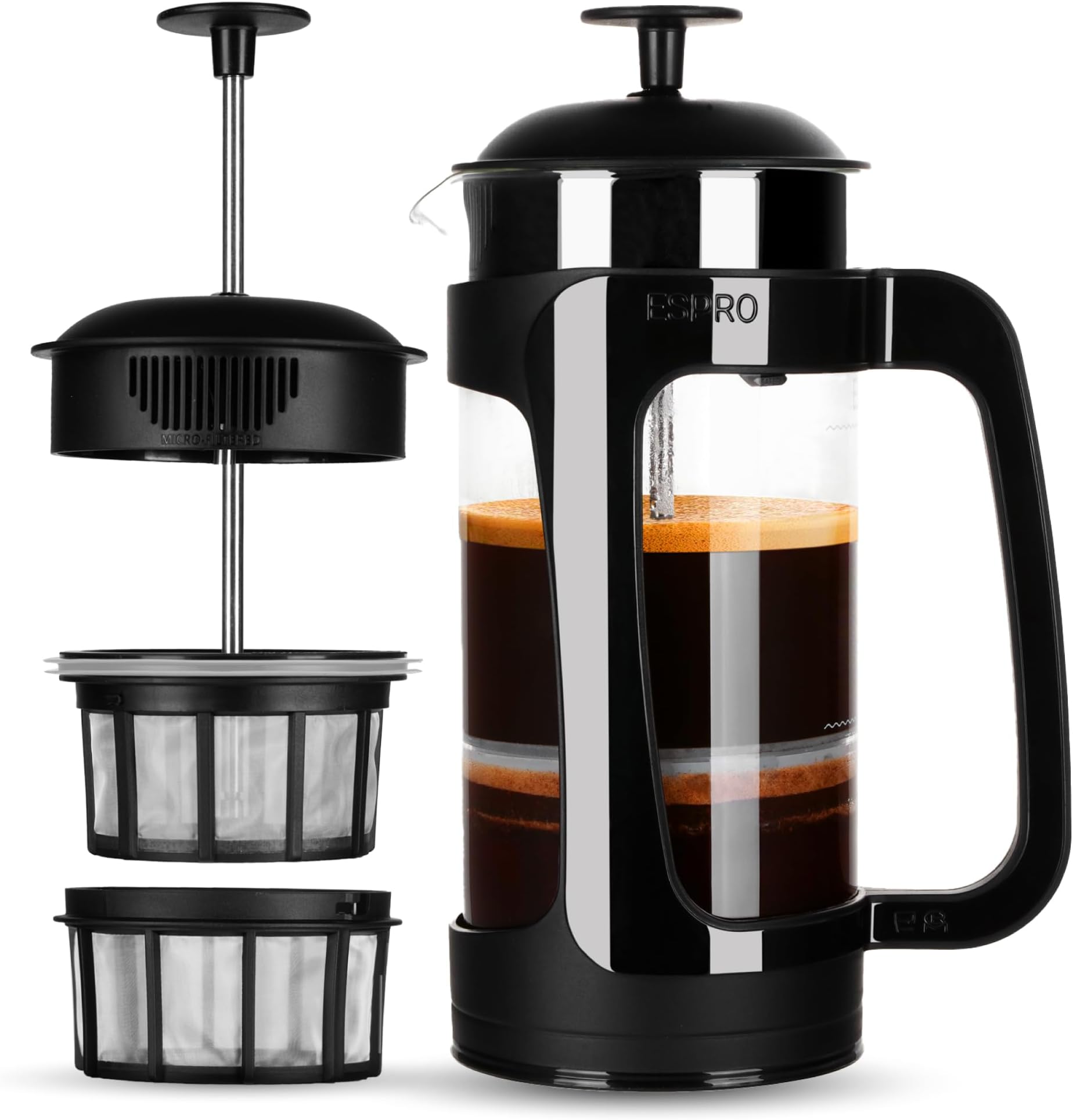 ESPRO P3 Glass Cafetiere French Press Coffee Maker, 2 Cup, 530ml, Black | Borosilicate glass, patented double micro-filter, grit-free coffee, 2 cup, dishwasher safe, 530ml, easy to clean