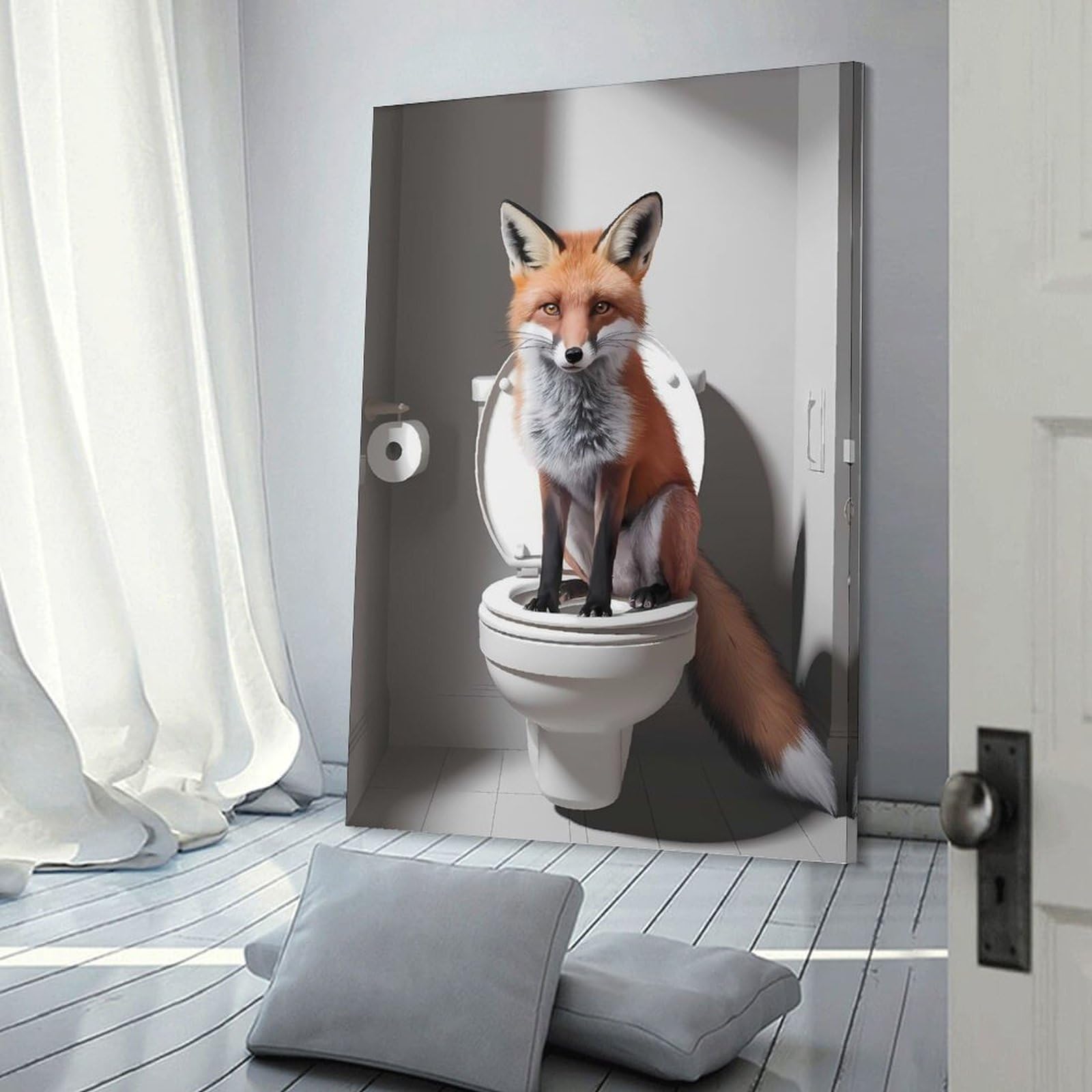 Junmoney Frame-Style-6 Canvas Wall Art Realistic Toilet Fox Art, 16X24inch(40X60cm), For Lounge, Study, Hallway Or Flat Walls, Canvas Wall Art That Fits Changing Layouts