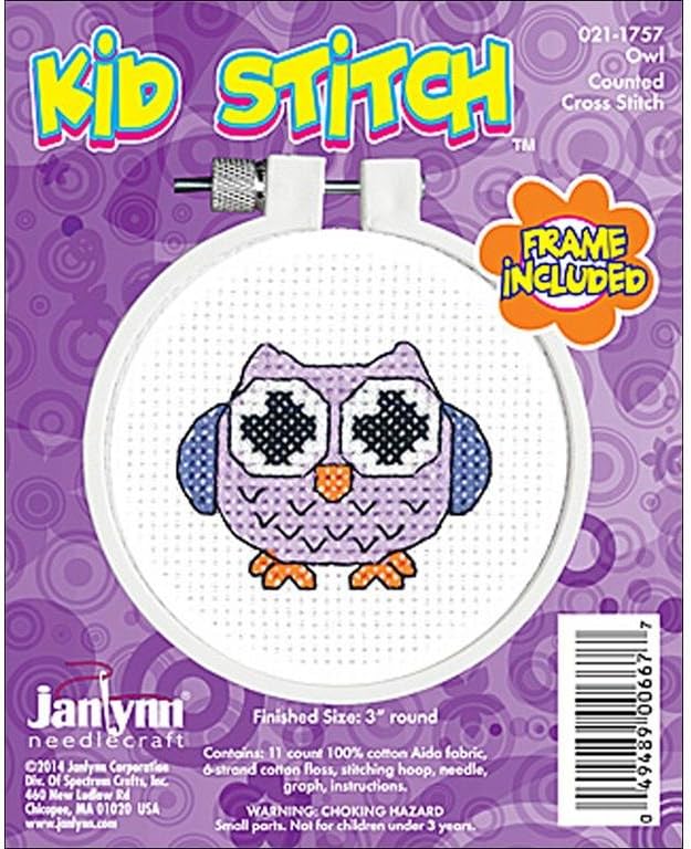 Janlynn 99279/Kid Stitch Mini Counted Cross Stitch Kit 3" Round, Owl (11 Count)