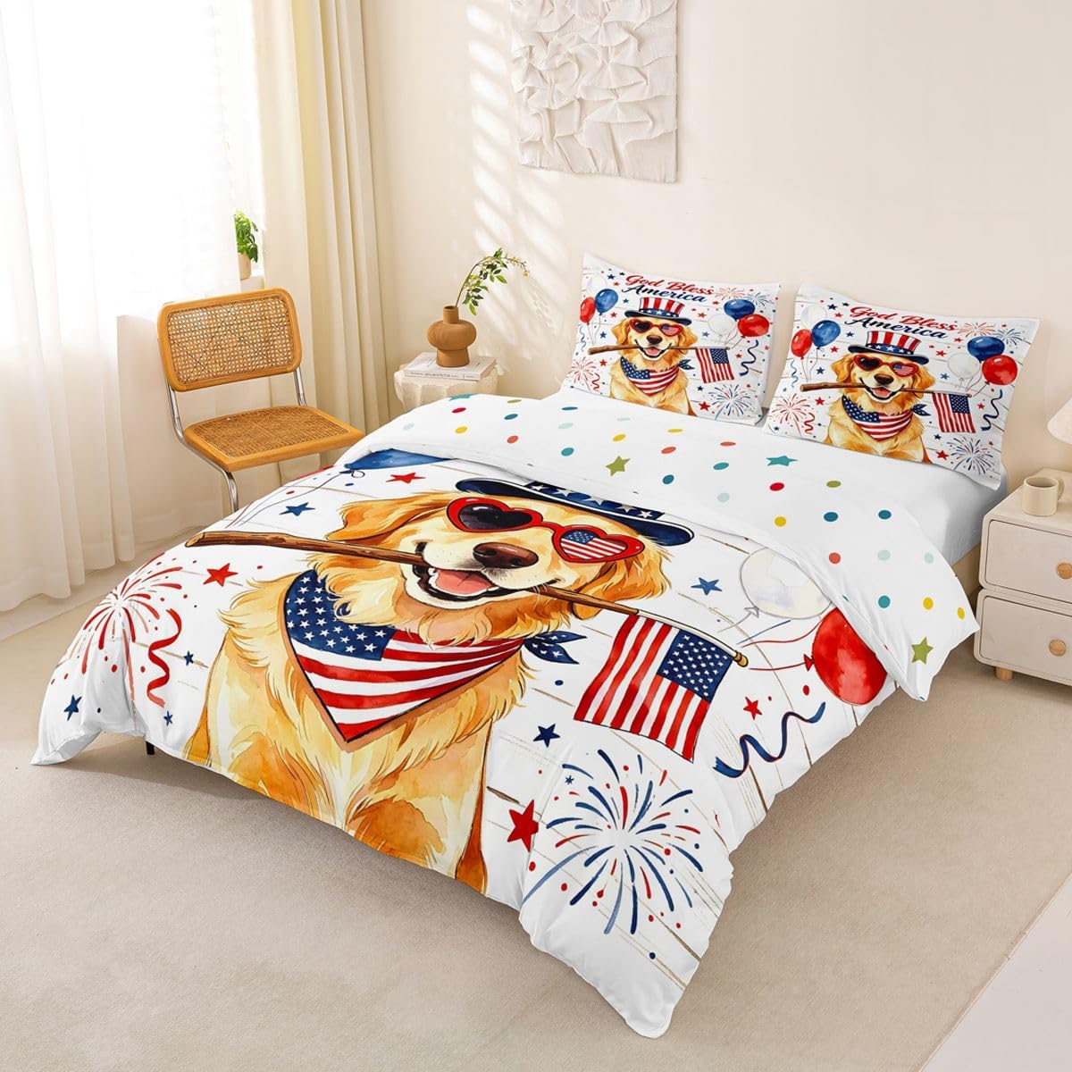 Erosebridal America Duvet Cover Set Patriotic Golden Retriever Girl Toddler Bedding Set for Preteen Boys Girls 4th of July Comforter Cover American Flag Dog Bed Sets