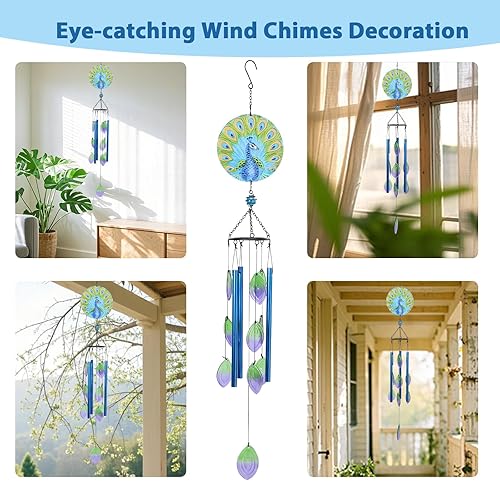 Miniatura 5 de MUMTOP Campanillas de viento para exteriores de cristal de pavo real, campanillas de viento de tono profundo para exteriores, únicas para patio,