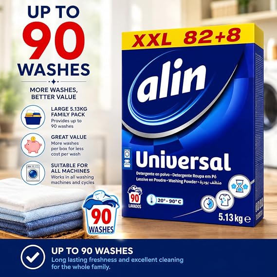 ALIN Universal Washing Powder 5.13kg, Up to 90 Washes, Universal Laundry Detergent Powder, For White & Coloured Clothes, Effective from 20°C to 90°C