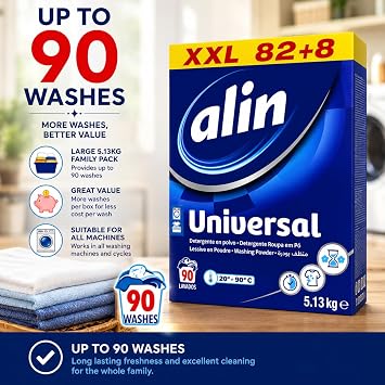 ALIN Universal Washing Powder 5.13kg, Up to 90 Washes, Universal Laundry Detergent Powder, For White & Coloured Clothes, Effective from 20°C to 90°C