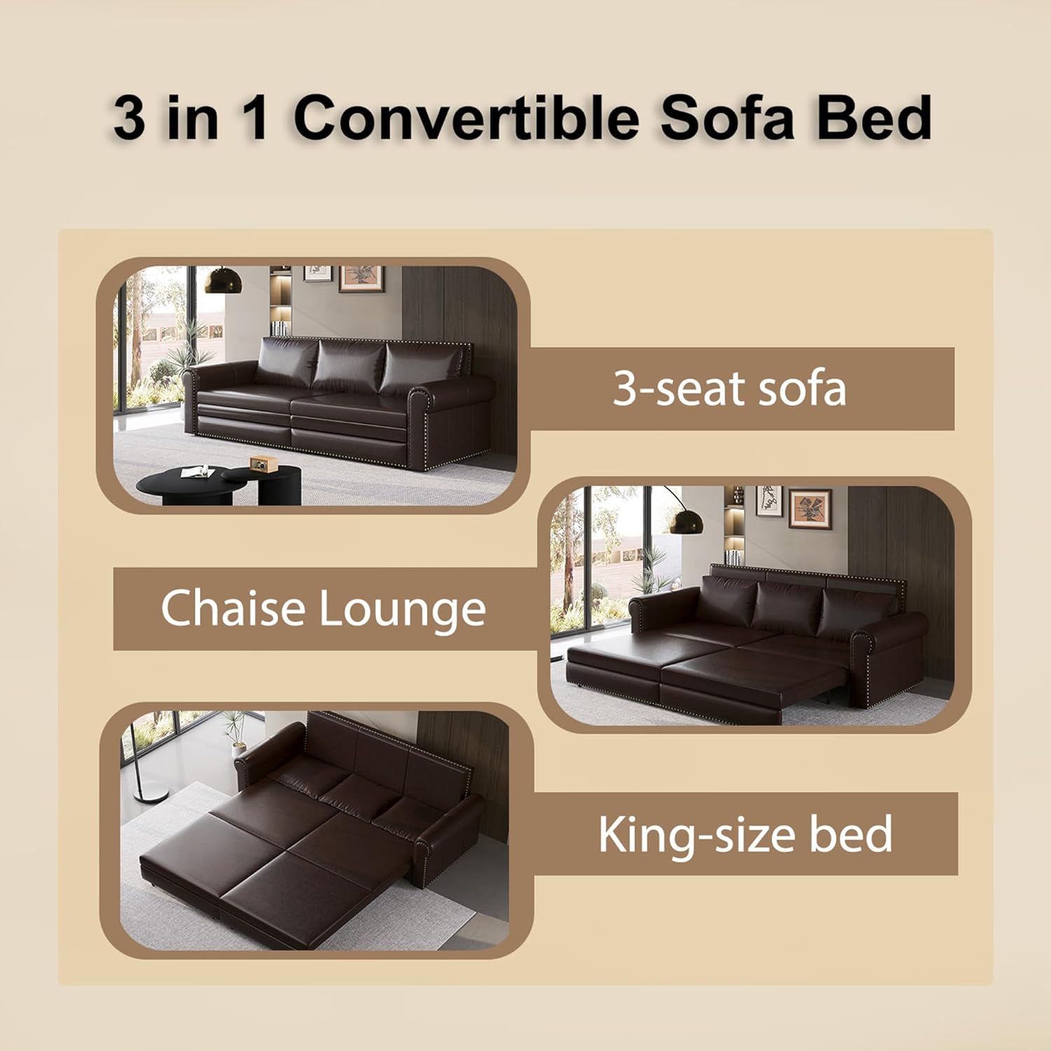 93.7" King Size Sleeper Sofa Bed, Pull Out Sofa Bed, Faux Leather Upholstery, 3 in 1 Convertible Sleeper Couch, Chaise Lounge, Retro Recliner for Living Room, Office, Apartment, Dark Brown
