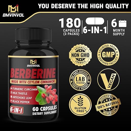 Miniatura 7 de (3 paquetes) Suplemento de berberina más canela de Ceilán, cardo mariano, cúrcuma, hoja de alcachofa, pimienta negra, suministro para 6 meses, 180