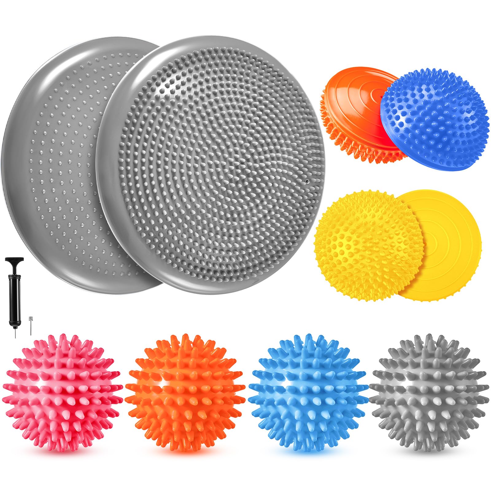 Wobble Cushion Set Blue Balance Disc with 3 Balance Pods and 4 Spiky Massage Balls, Sensory Wiggle Seat with Pump Inflatable Stepping Pads for Adults Kids Exercise Stability