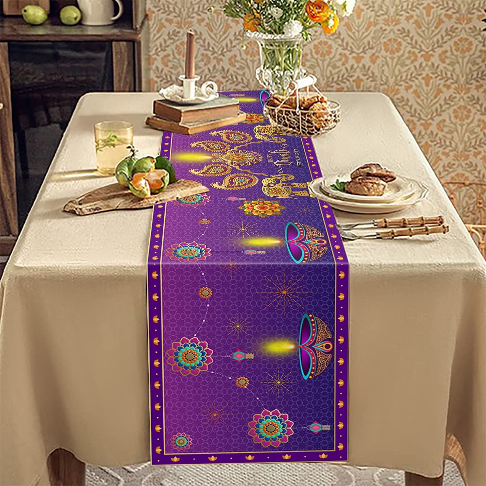 RenbangUS Happy Diwali Table Runner Cotton and Linen Table Runner,Indian Deepawali Festival of Lights Table Runner Home Dinning Room Decoration 13 x 70 inches