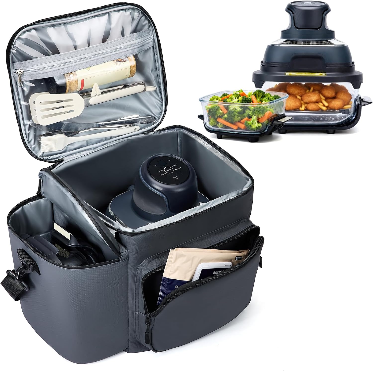Padded Carrying Bag for Ninja Crispi Air Fryer 4Qt & 6-Cup Glass Containers, 2 Main Pockets Design for Ninja Crispi PowerPod & Container Storage, Water-resistant Portable Carry Case (Bag Only)