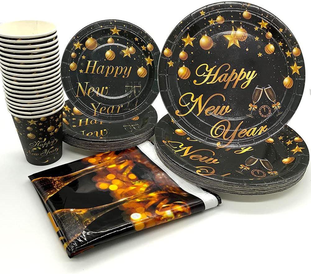HONGER New Year Tableware Set Party Supplies, Happy New Year 2022 Paper Plates Decorations, Glitter Black Gold Disposable Plates, Napkins, Cups Table Decor, Serves 25 Guests, 100 Count