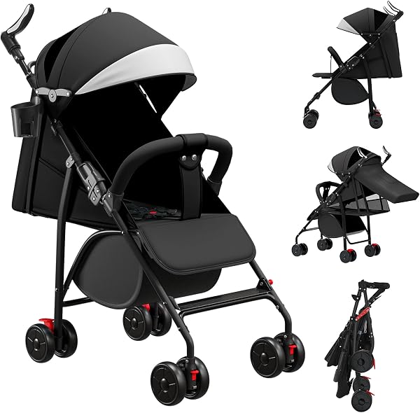 OHMG Passeggino Canne,Passeggino compatto 0-4 anni, leggero e maneggevole, pieghevole con una mano, schienale reclinabile, imbracatura a 5 punti, passeggino leggero con baldacchino e zanzariera - 3