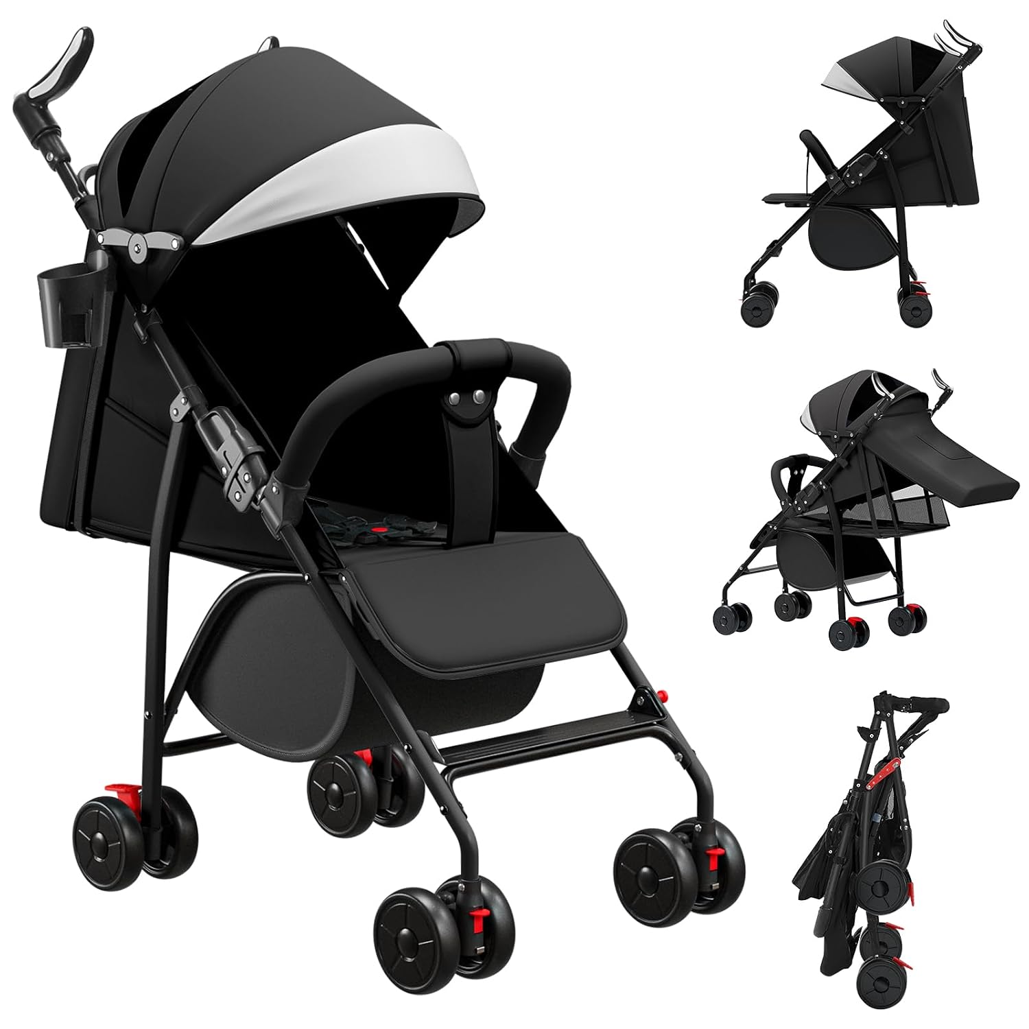 Buggy Folding Pushchair with Cotton Pads and Mosquito Nets Travel Pram with Reclining Function Can Sit or Lie Black