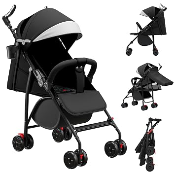 Pushchair with Adjustable Push Handle 4-Wheel Reclining Buggy from 0-4 Years Height Adjustable Lightweight & Compact Foldable with Mosquito Net Black