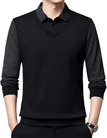 Men's Striped Lapel Fake Two Piece Shirt Business Casual Polo Shirt Spring Autumn Long Sleeve Dress T Shirt Tops