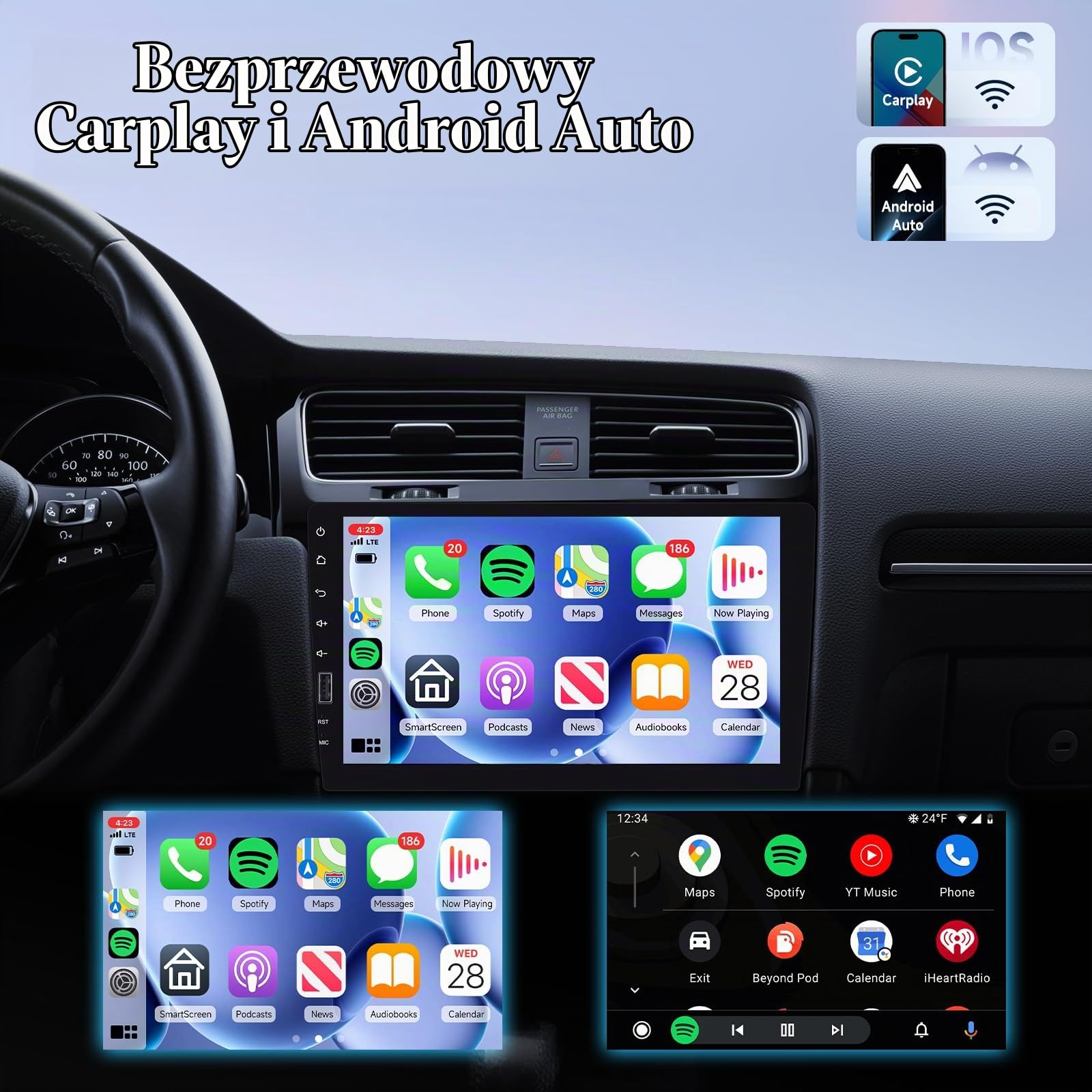 Rimoody Radio samochodowe 1 DIN z bezprzewodowym CarPlay i Android Auto, ekran dotykowy 9", Mirror Link, DVR, sterowanie kierownicą, kamera cofania 12 LED, do samochodu