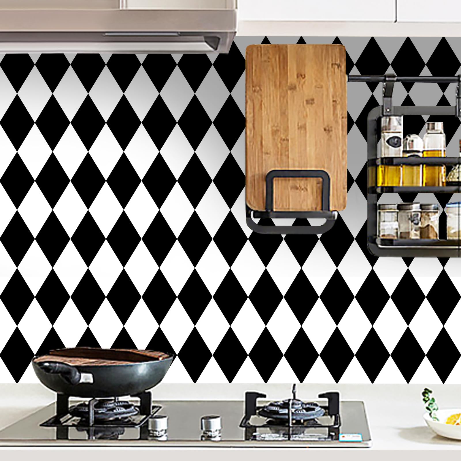 Qianglive Black and White Peel and Stick Wallpaper Diamond Wallpaper Rhombus Contact Paper 17.3"x120" Lattice Self Adhesive Waterproof Vinyl Roll for Bathroom Kitchen Backsplash Cabinets