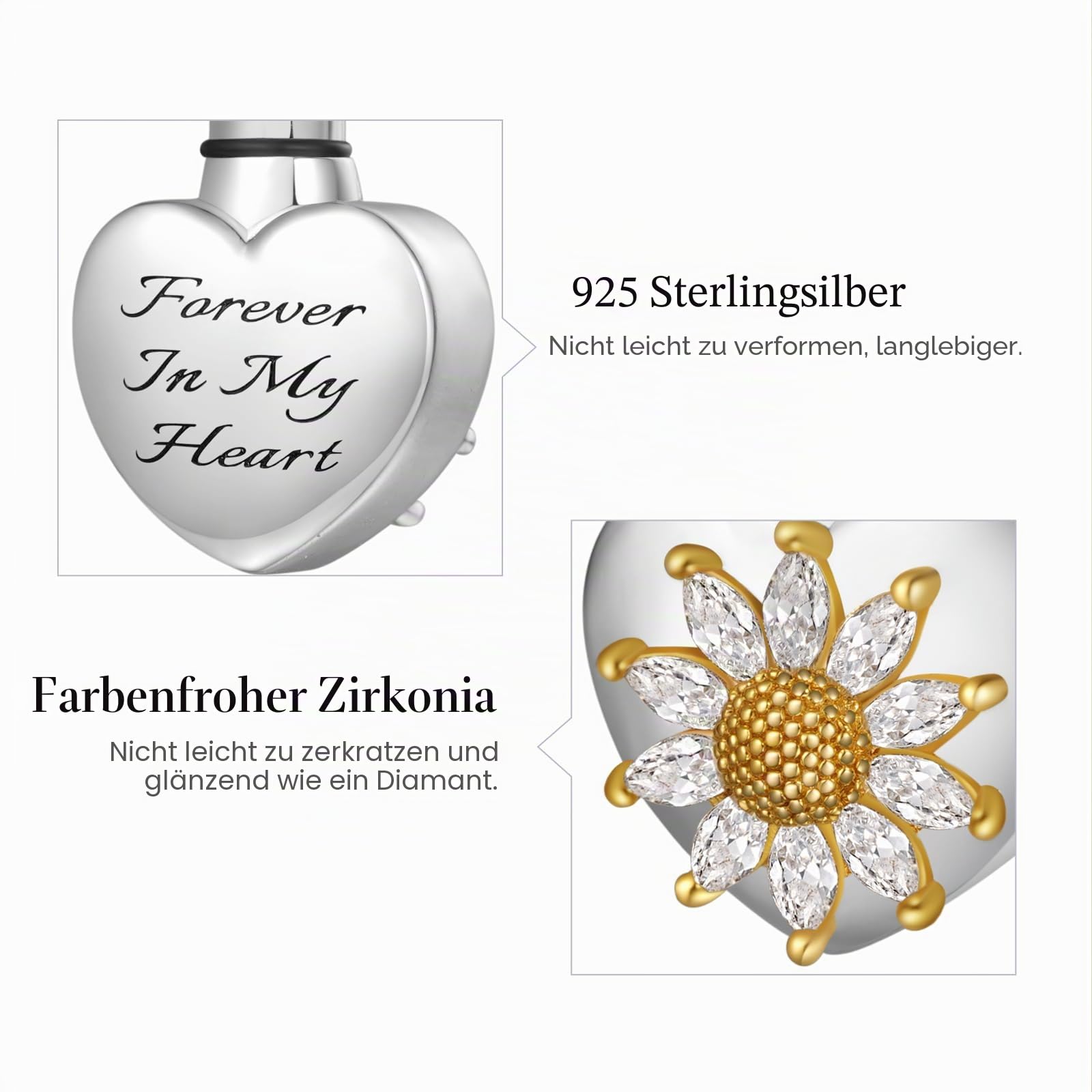 GNOCE Charm Anhänger Forever In My Heart Herz Gedenk Urne-Asche Anhänger 925 Sterling Silber Charm Fit Alle großen Marken von Armband/Halskette