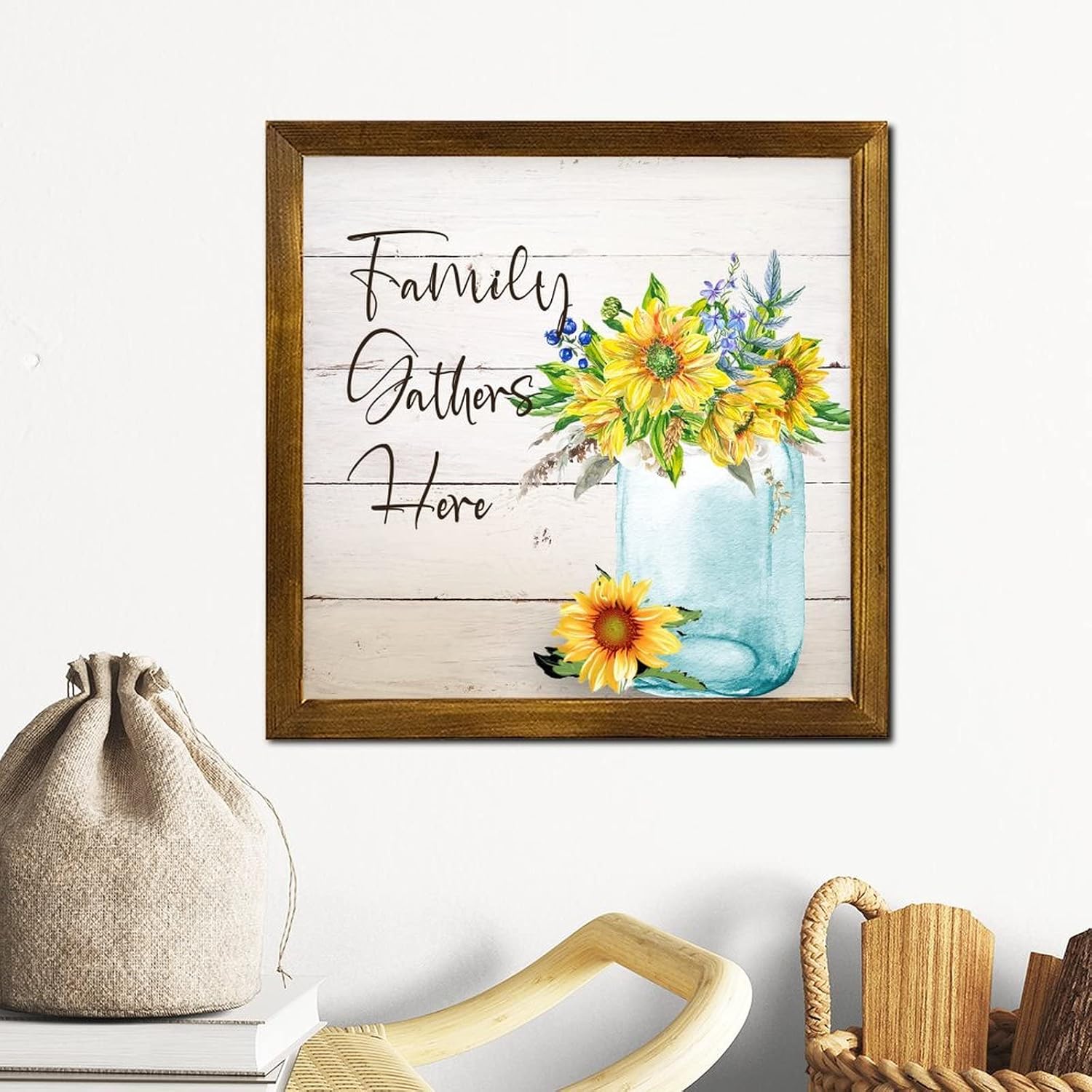 Family Gathers Here Wood Framed Sign Spring Sunflower Flower in Vase Wall Sign Rustic Nature Plants Wood Hanging Sign Decoration for Home Kitchen Living Room Kitchen 12x12 inch