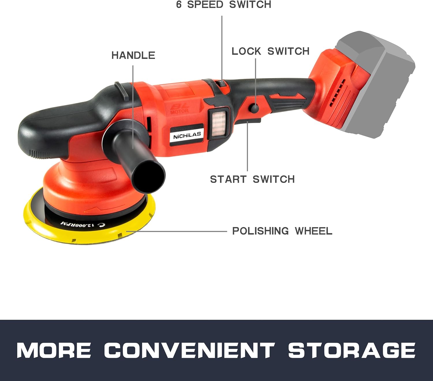 Cordless Car Polisher, Orbital Portable Polishing Waxer Machine with Brushless Motor 6 speeds 750-6800RPM, Compatible with Milwaukee M18 Batteries (NO BATTERY) - Image 2