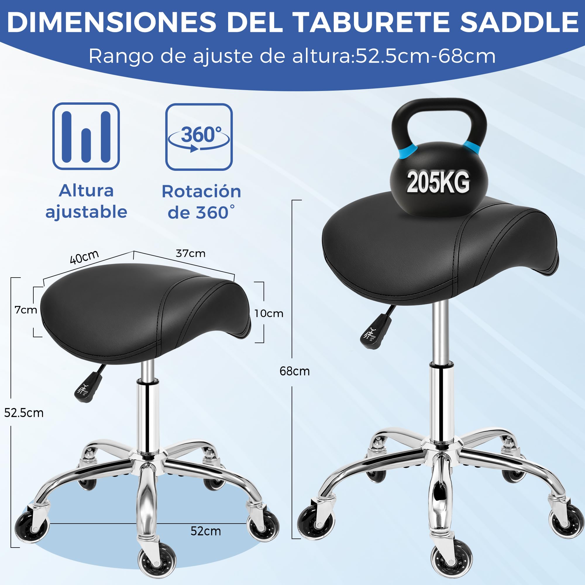 ANWBROAD Taburete con Ruedas Taburete Ergonomico Altura Ajustable | Taburete Giratorio Asiento Acolchado Amplio Carga 204 kg para Salones de Belleza,Spas y Clínicas Negro WSS001B
