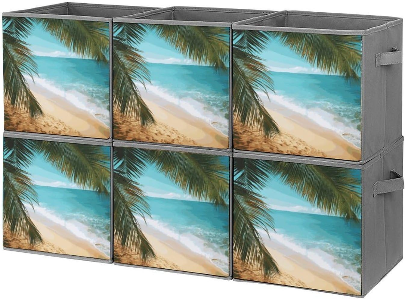 Ocean Sea Beach Palm Leaves Storage Cubes Set of 6 Storage Bins with Handles Collapsible Storage Basket Fabric Storage Box for Shelves Large Closet Shelf Organizer for Organization 11 Inch