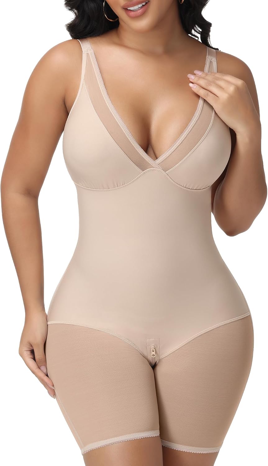 SHAPESHE Mesh Sheer Shapewear Corset Bodysuit Women Seamless Tummy Control | Seamless,Low Back,Underwire No Bra,V Neck,Going Out, Full Body Shaper,Lift