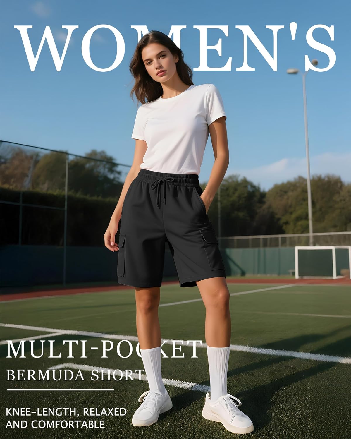 Neer 3 Pack Women's Bermuda Shorts Cargo Elastic Drawstring Knee Length Shorts Casual Loose Yoga SweatShorts with 4 Pockets - Image 5