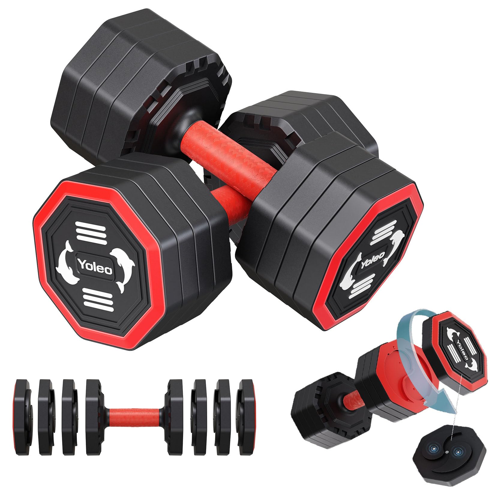 Yoleo Hantelset Verstellbare Hanteln, Adjustable Dumbbell Set 4 in 1 Premium Drehbare Befestigungsart gewichte Tai-Chi-Stil 2/4/6/8/10/20/KG Kombinieren Sie es mit einem weichen TPU-Gummigriff
