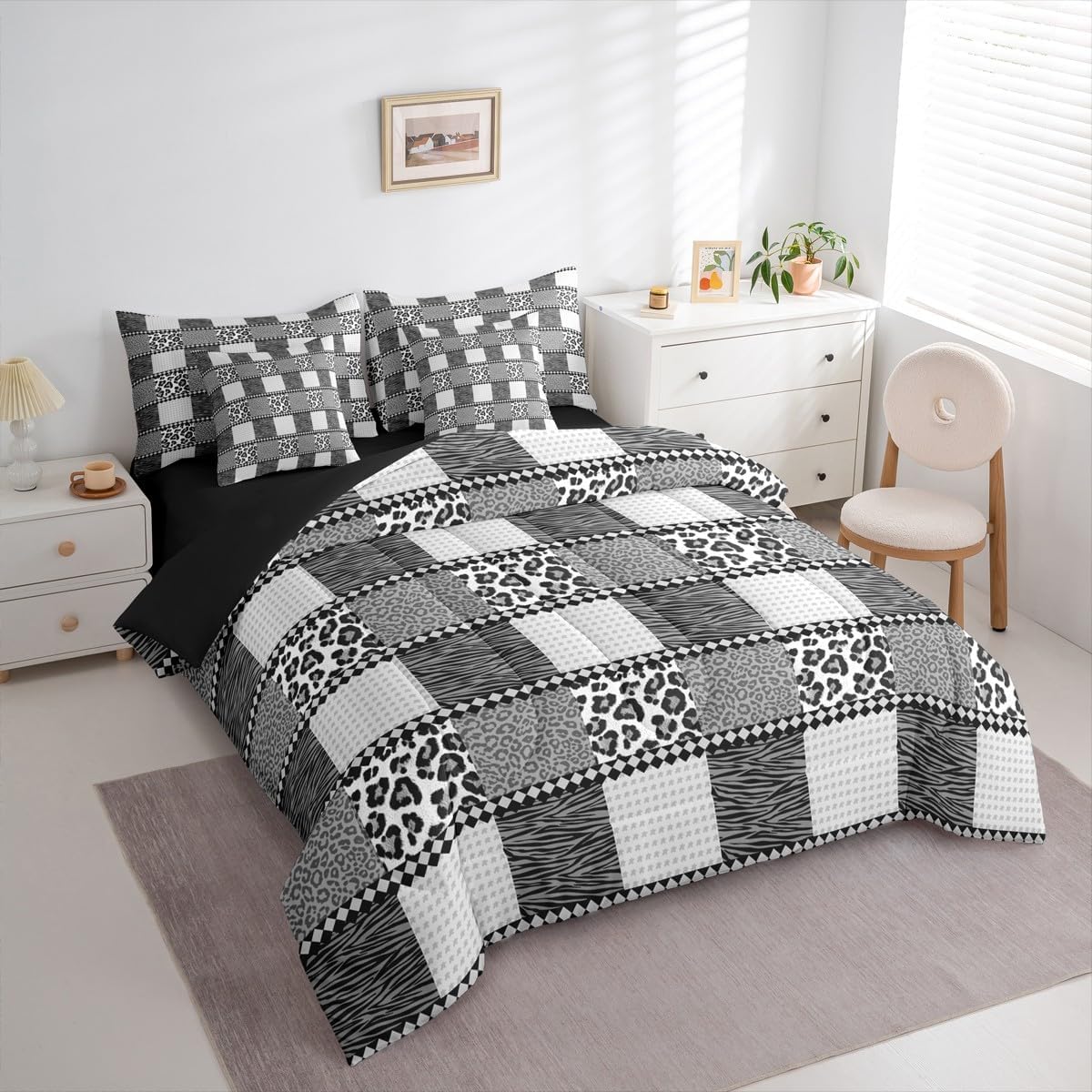 Feelyou Leopard Zebra Print Queen Comforter Set with Sheets for Kids Boys Girls Patchwork Animal Print 7 Pieces Bedding Set Black Grey Leopard Bed in a Bag Room Decor Soft Lightweight Microfiber