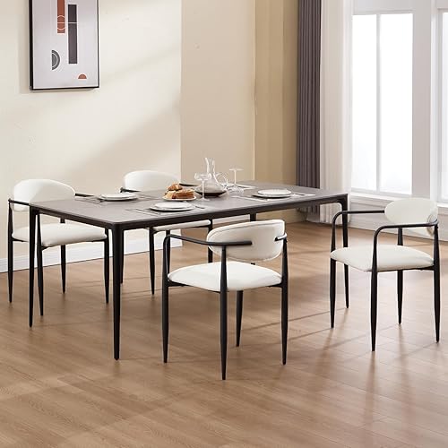 Miniatura 7 de CIMOTA Juego de 2 sillas de comedor modernas de cuero blanco, sillas de comedor con brazo y patas de metal negro, sillas laterales de cocina, silla