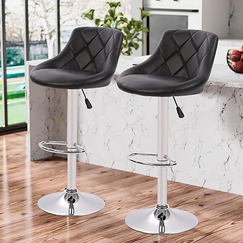 Juego de 2 taburetes de bar negros giratorios ajustables en altura de mostrador con respaldo, sillas de bar modernas de cuero, juego de 2 para Juego de 2 taburetes de bar negros giratorios ajustables en altura de mostrador con respaldo, sillas de bar modernas de cuero, juego de 2 para