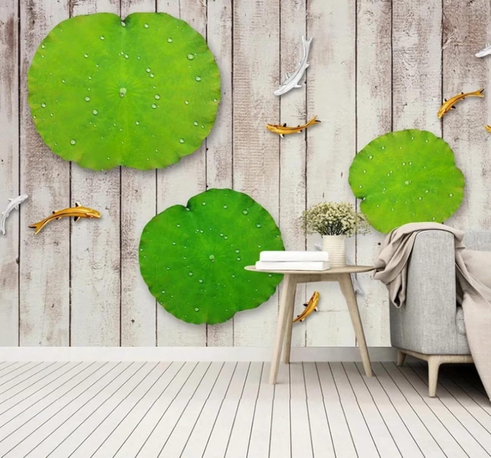 Xlming 400Cm×280Cm(B×H) Embossed Fresh Lotus Leaves Little Fish Wood Grain 3D Wallpaper Luxury Home Dining Decor Paste Sofa Living Room The Wall For Bedroom Mural-400Cm×280Cm